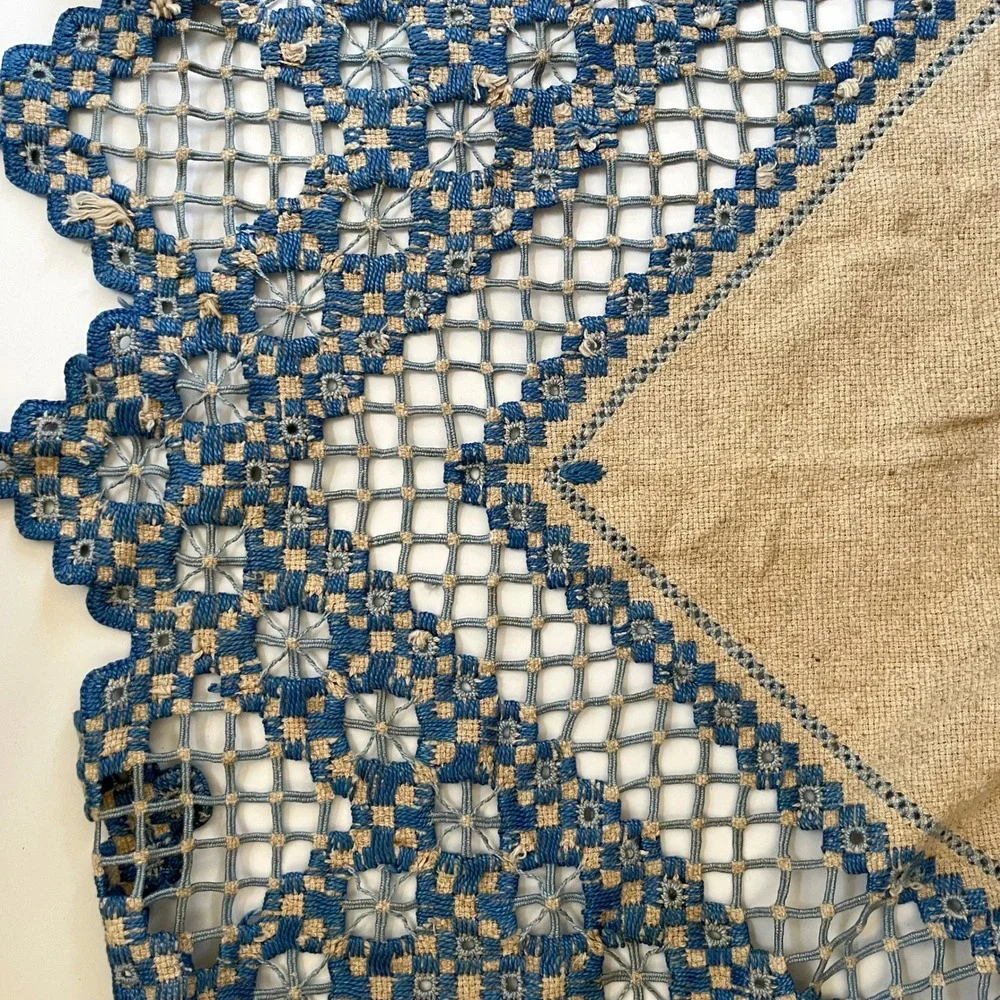 Antique Hand Embroidered Hardanger Lace Table Topper Doily Vintage Blue Natural